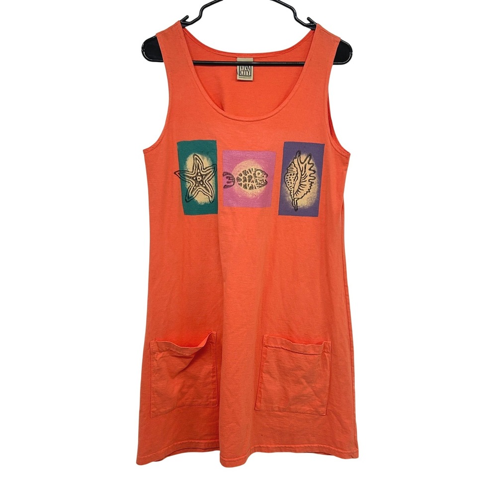 Vintage Coastal Tank Dress Small Coral Beach Seashell Coverup 90s Artsy USA